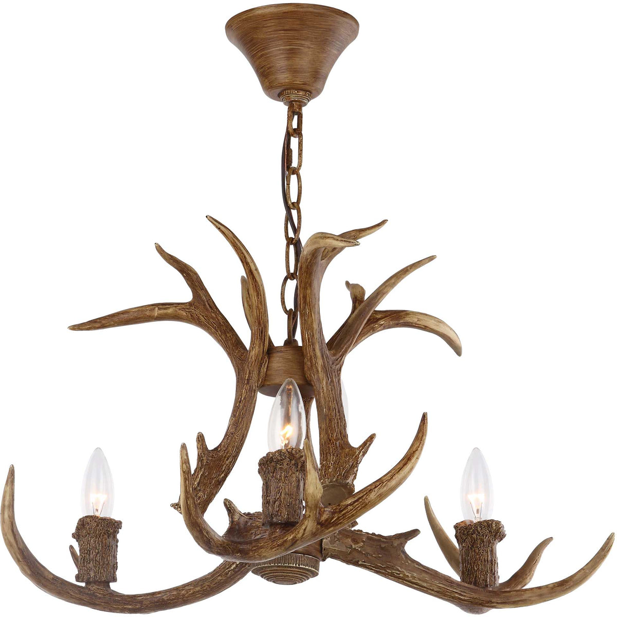 Three candle-style bulbs glow within a branching chandelier of brown antlers