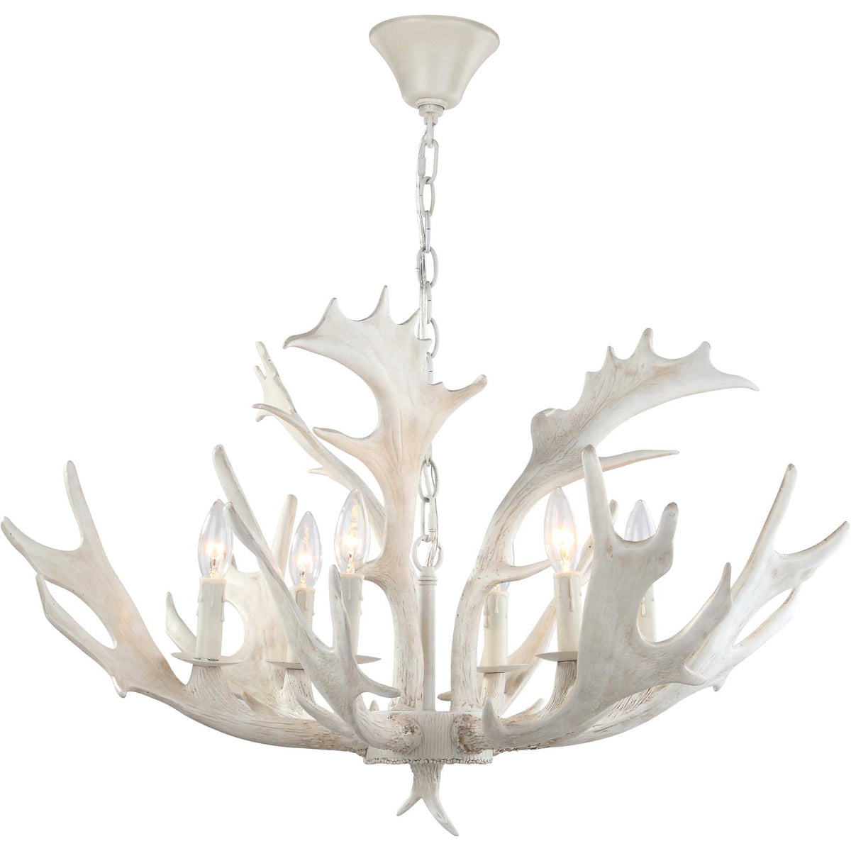 Six glowing bulbs illuminate the branching white antlers with warm light.