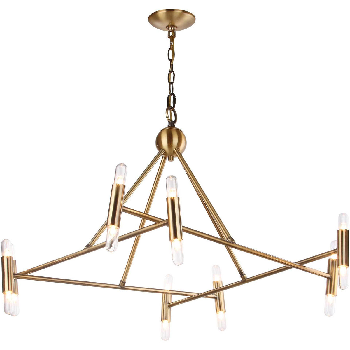 Warm light glows from tubular bulbs on an airy, brass-finished geometric chandelier || CHA4006A || front_on_studio