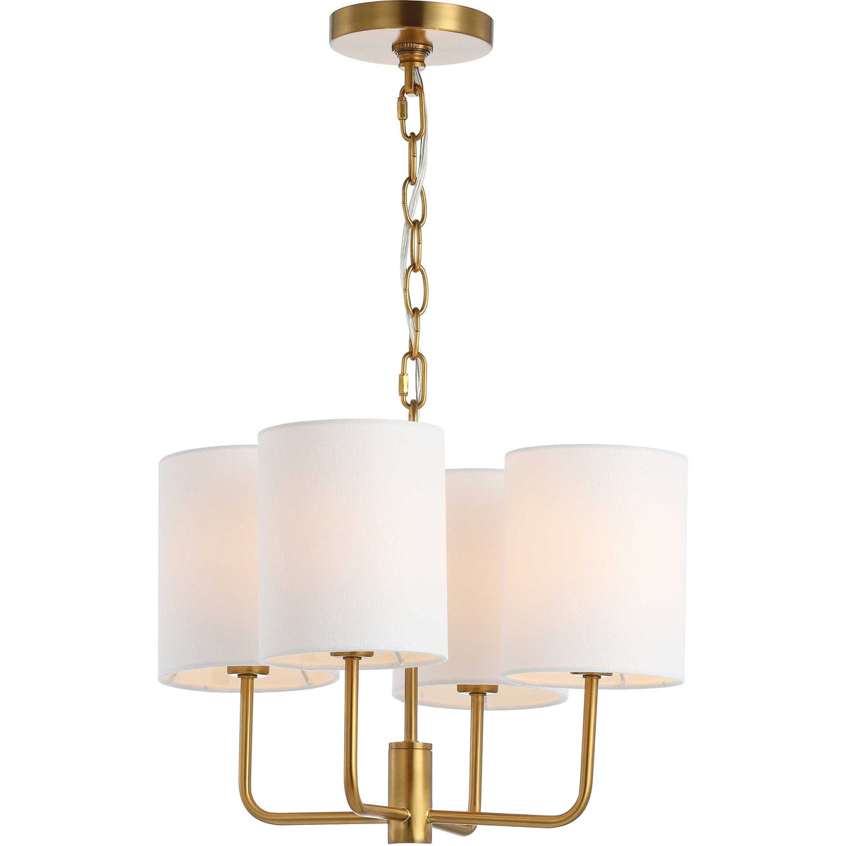 Warm light glows through off-white fabric shades above a sleek brass center stem