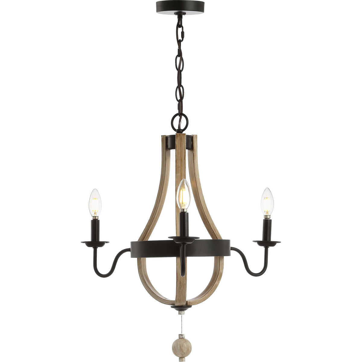 Three glowing candle-style bulbs illuminate black metal arms, curved wood-look accents, and a hanging finial