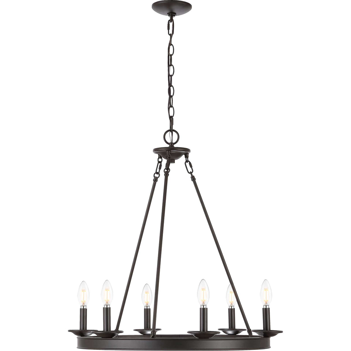 Warm candle-style bulbs glow above a dark bronze circular frame with tapered metal supports.