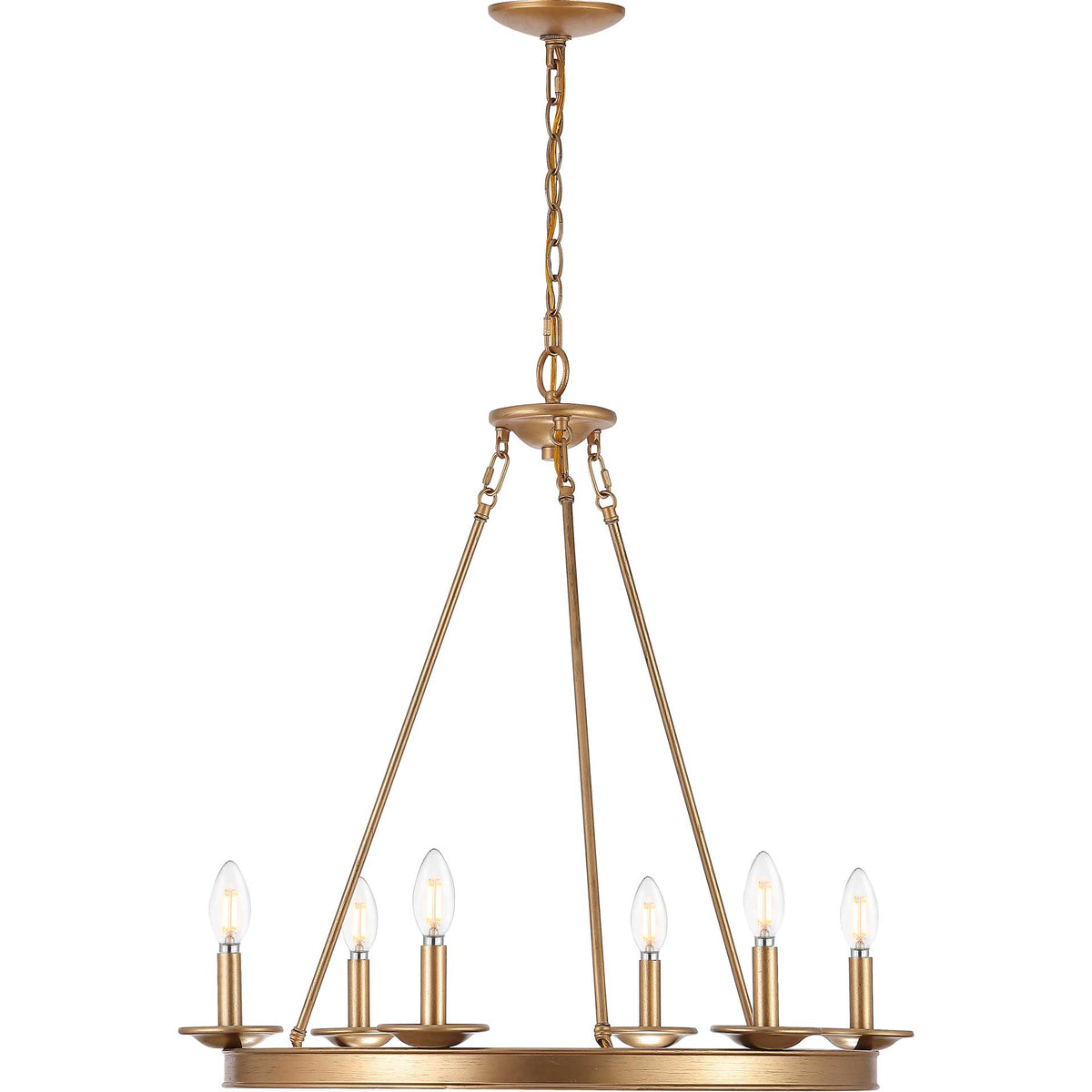 Six glowing bulbs brighten a gold circular frame with slim angled supports.