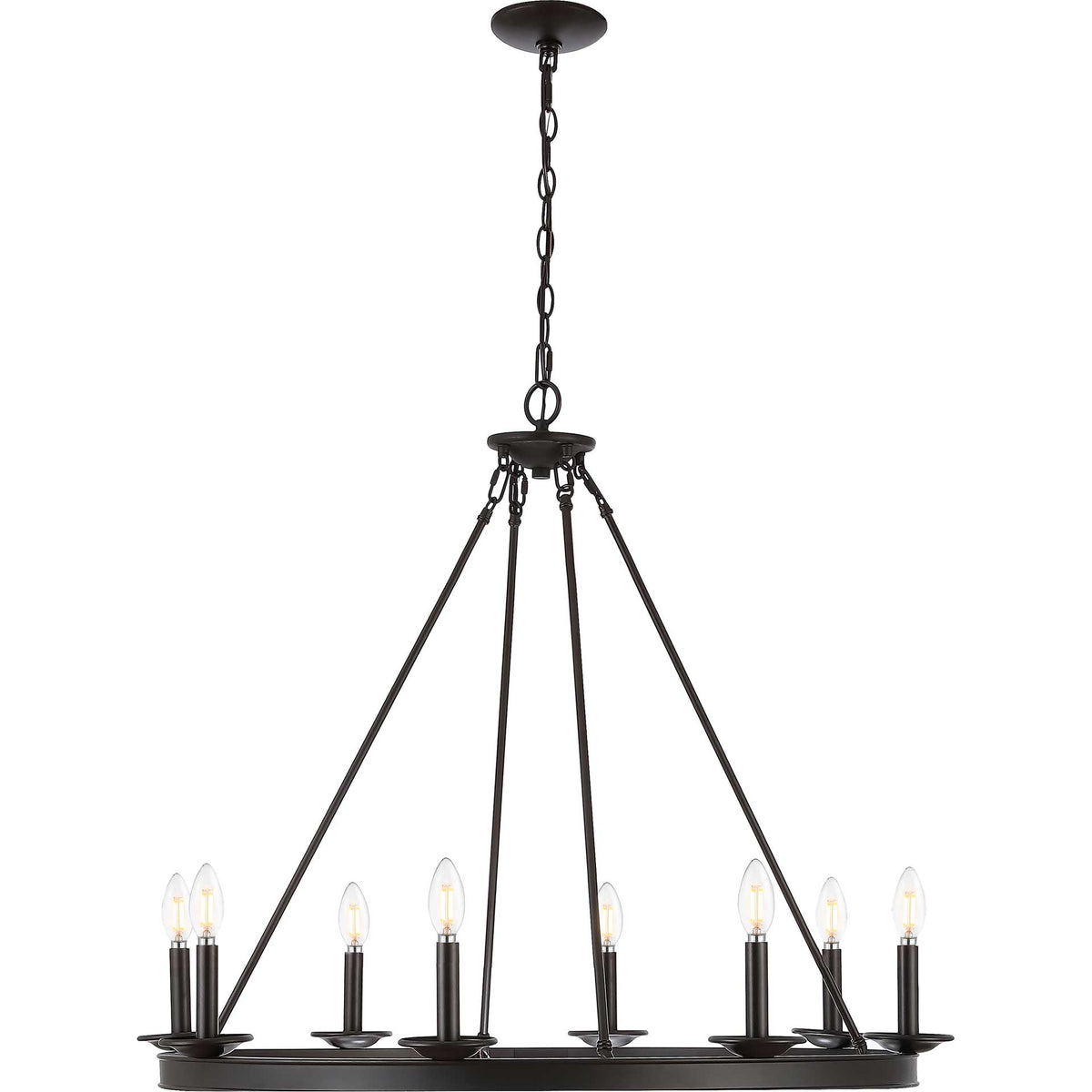 Warm candle-style lights glow above a circular oil-rubbed bronze frame