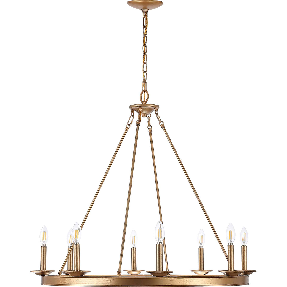 A gold iron chandelier pairs a slender chain with eight evenly spaced candle-style bulbs || CHA4016B || detail_studio
