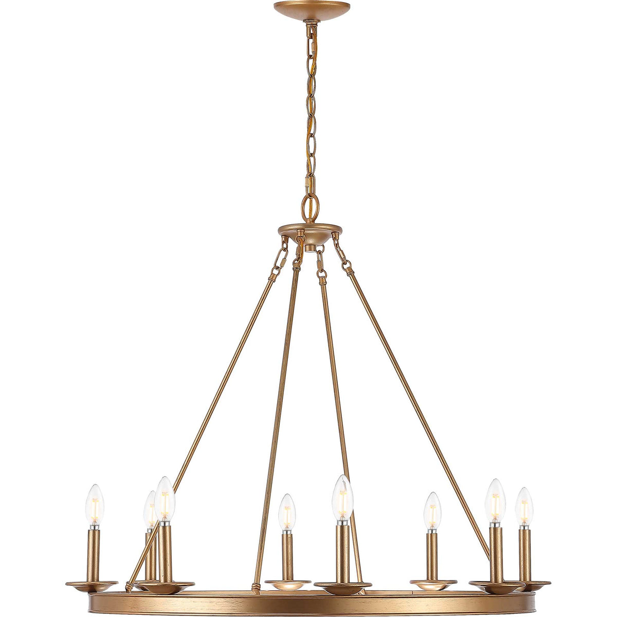 Eight glowing candle-style bulbs line a circular gold iron chandelier with a matching chain || CHA4016B || detail_studio