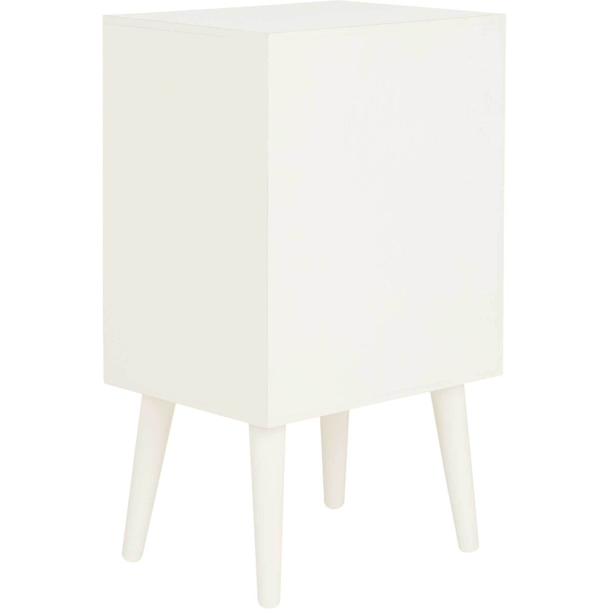The vintage white finish wraps around a boxy cabinet standing on four splayed legs.