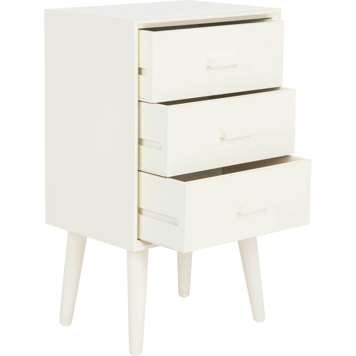 Three pullout drawers keep essentials within reach in this compact vintage white cabinet.