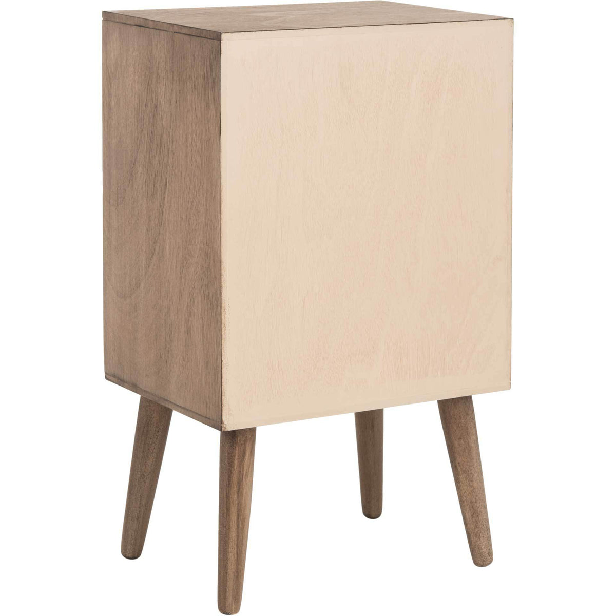 A pale back panel contrasts with the light brown sides and tapered wooden legs.