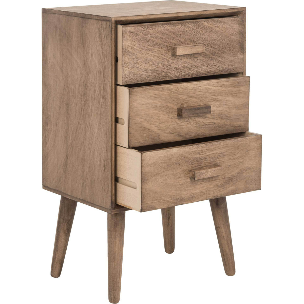 Three pullout drawers add accessible storage beneath the light brown wood top.