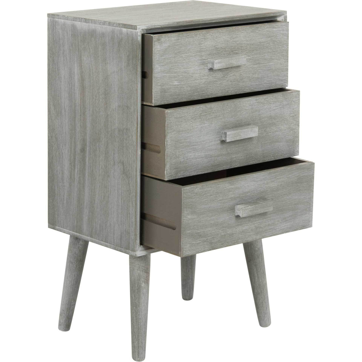 Three pullout drawers make everyday storage easy to access in this slate gray chest.