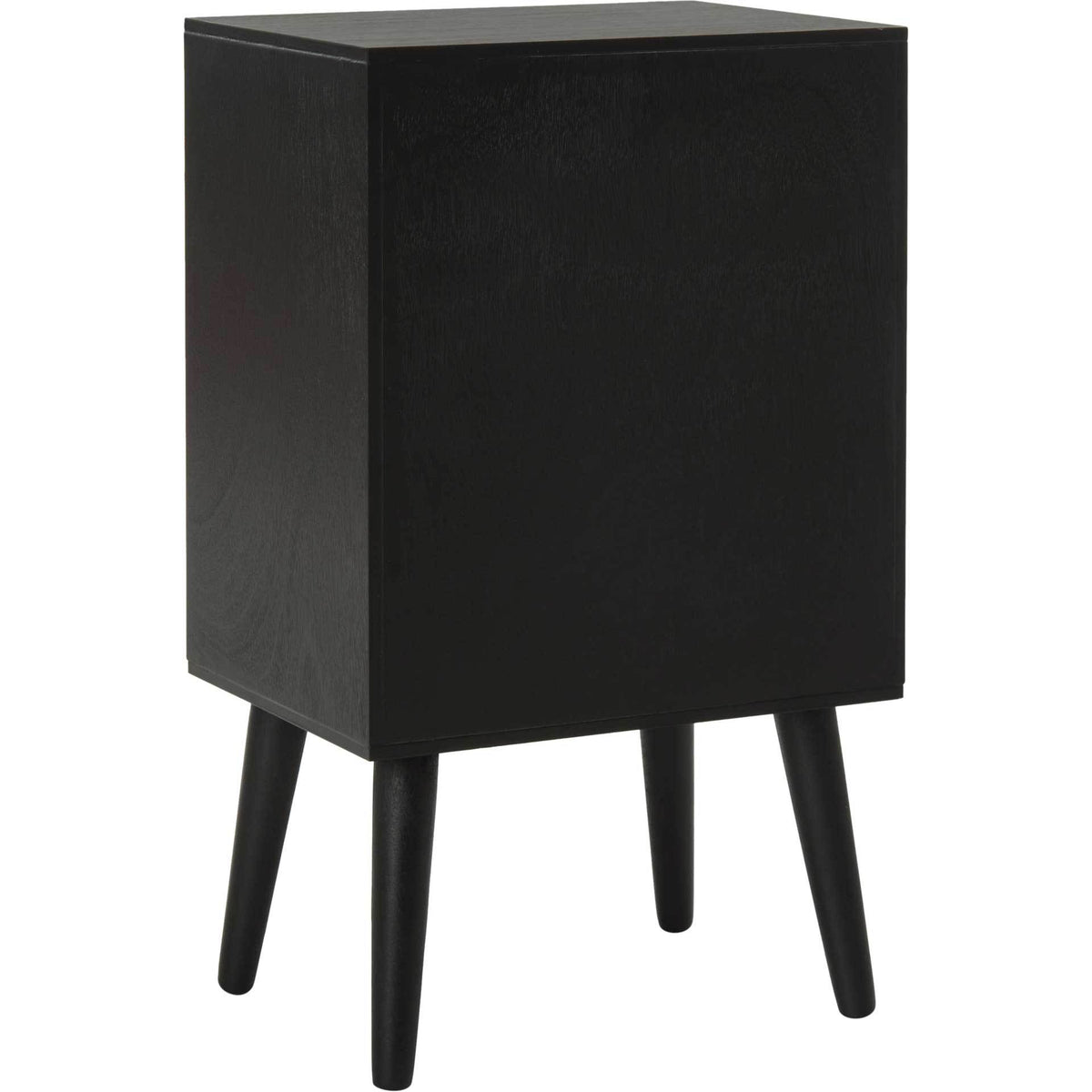 An all-black cabinet keeps its clean-lined look down to four slim tapered legs.