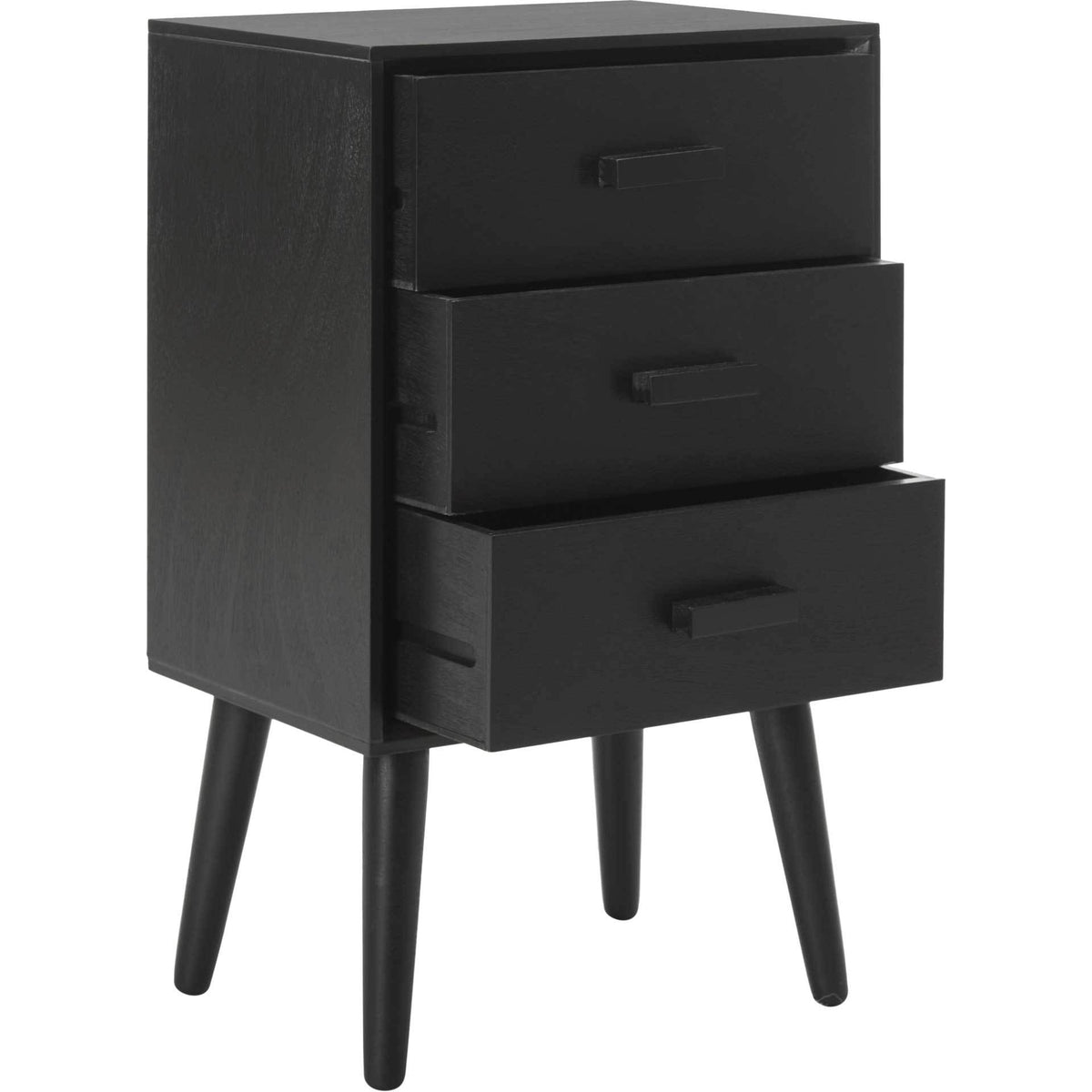 Three pullout drawers make storage easy to reach in this compact black wood chest.