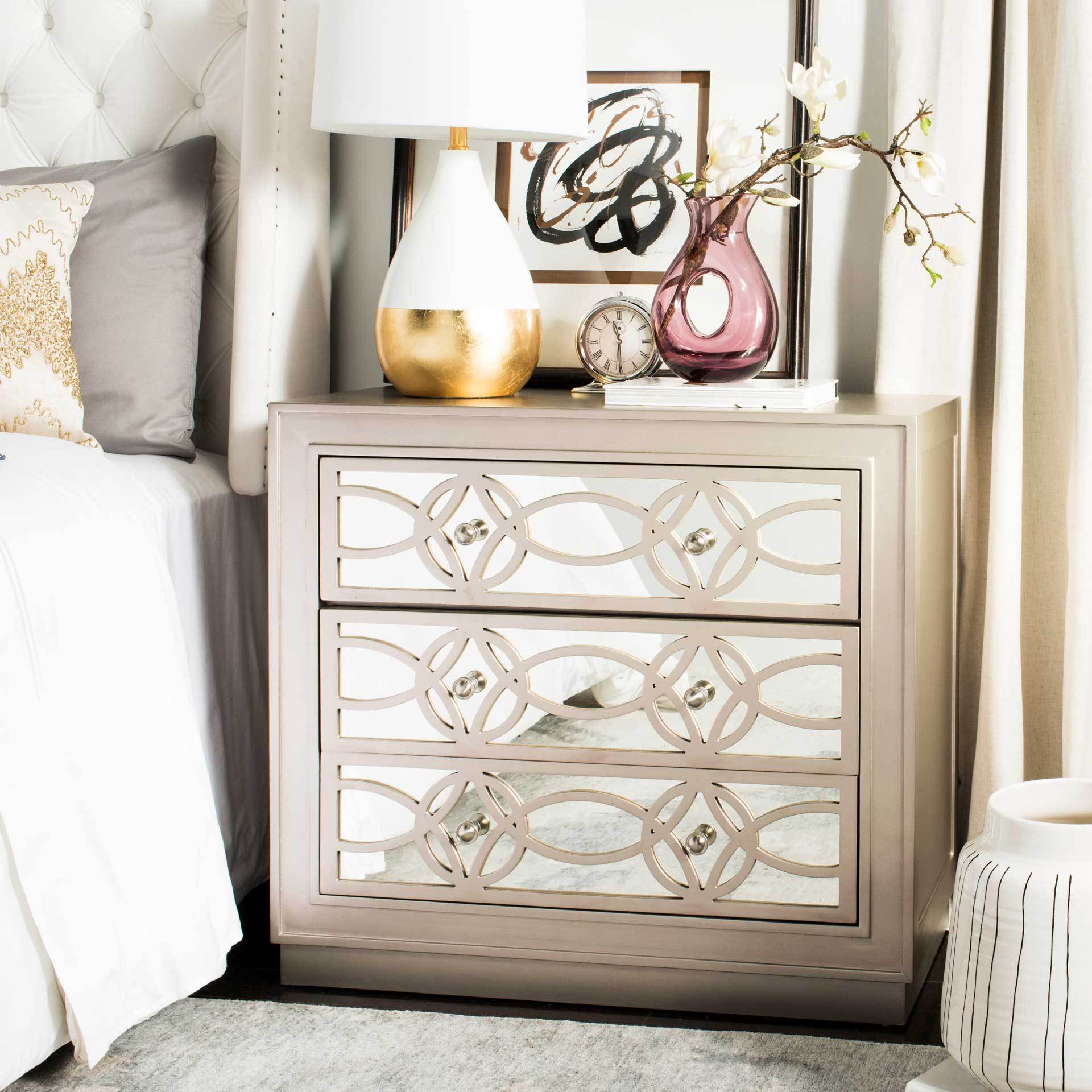 Cayden 3 Drawer Chest Champagne/Nickel/Mirror