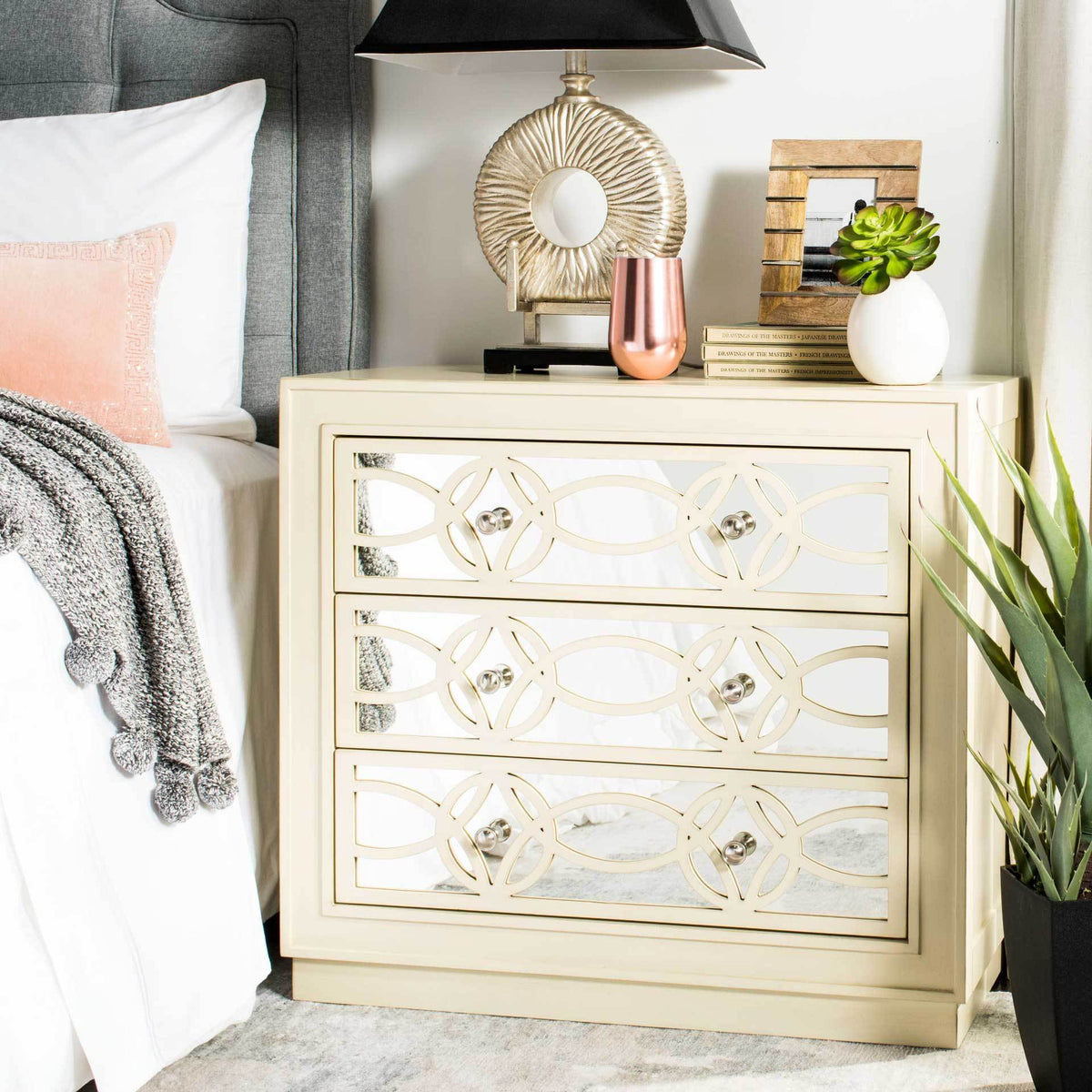 Cayden 3 Drawer Chest Antique Beige/Nickel/Mirror