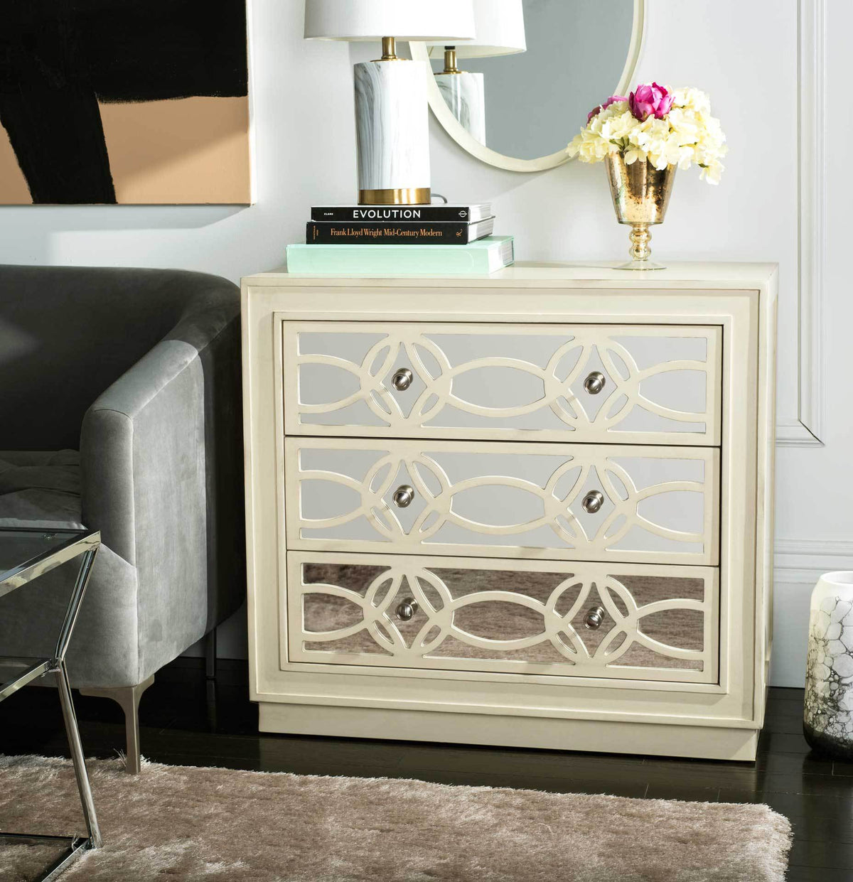 Cayden 3 Drawer Chest Antique Beige/Nickel/Mirror