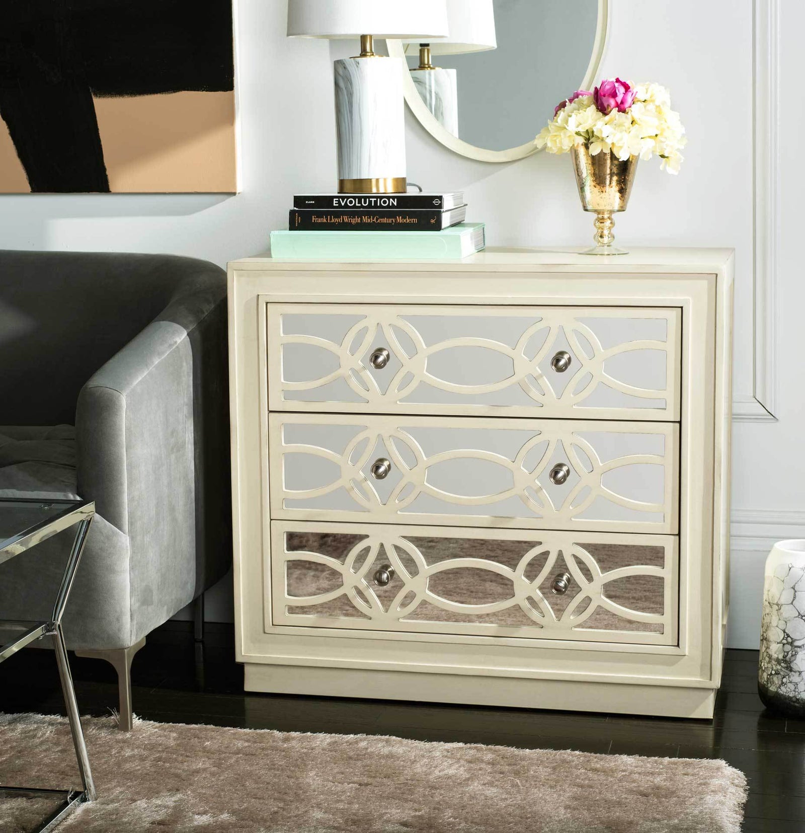 Cayden 3 Drawer Chest Antique Beige/Nickel/Mirror
