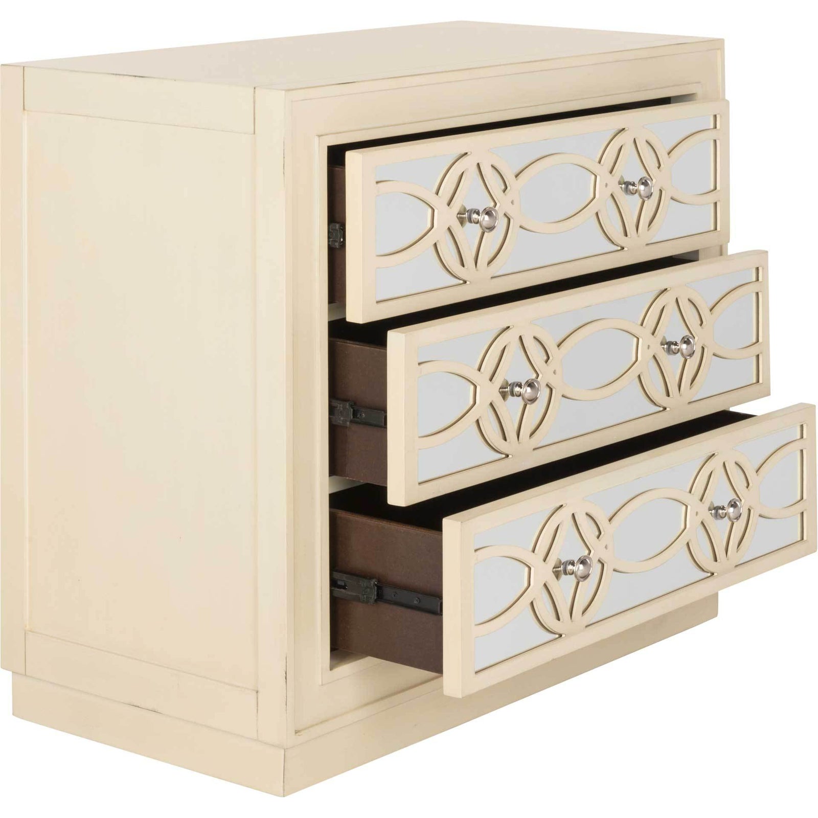 Cayden 3 Drawer Chest Antique Beige/Nickel/Mirror