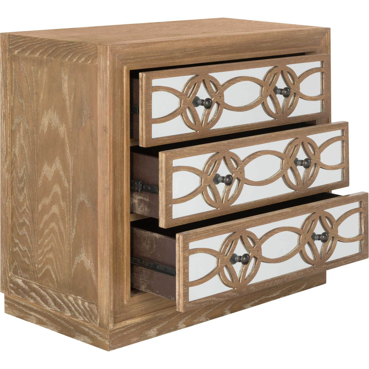Three open drawers offer roomy storage beneath mirrored fronts and looping oak overlays.