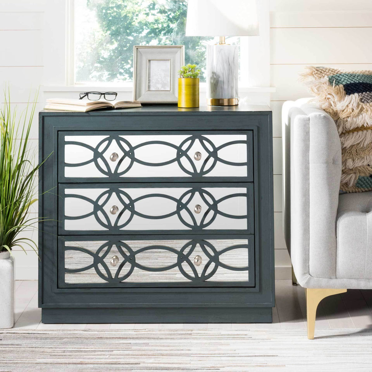 Cayden 3 Drawer Chest Steel Teal/Nickel/Mirror