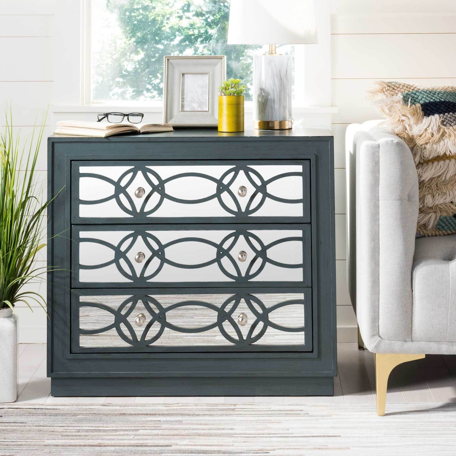 Cayden 3 Drawer Chest Steel Teal/Nickel/Mirror