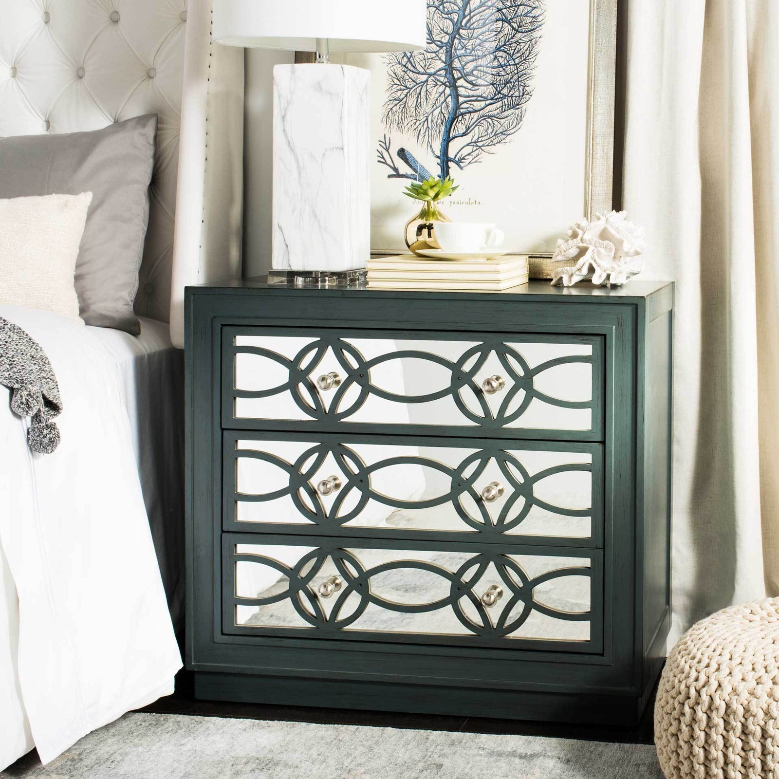 Cayden 3 Drawer Chest Steel Teal/Nickel/Mirror