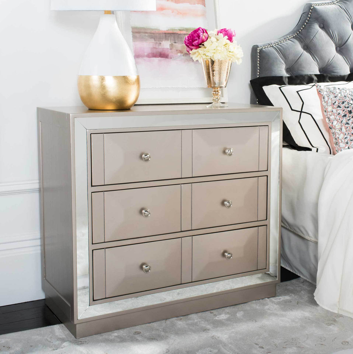 Slade 3 Drawer Chest Champagne/Nickel/Mirror