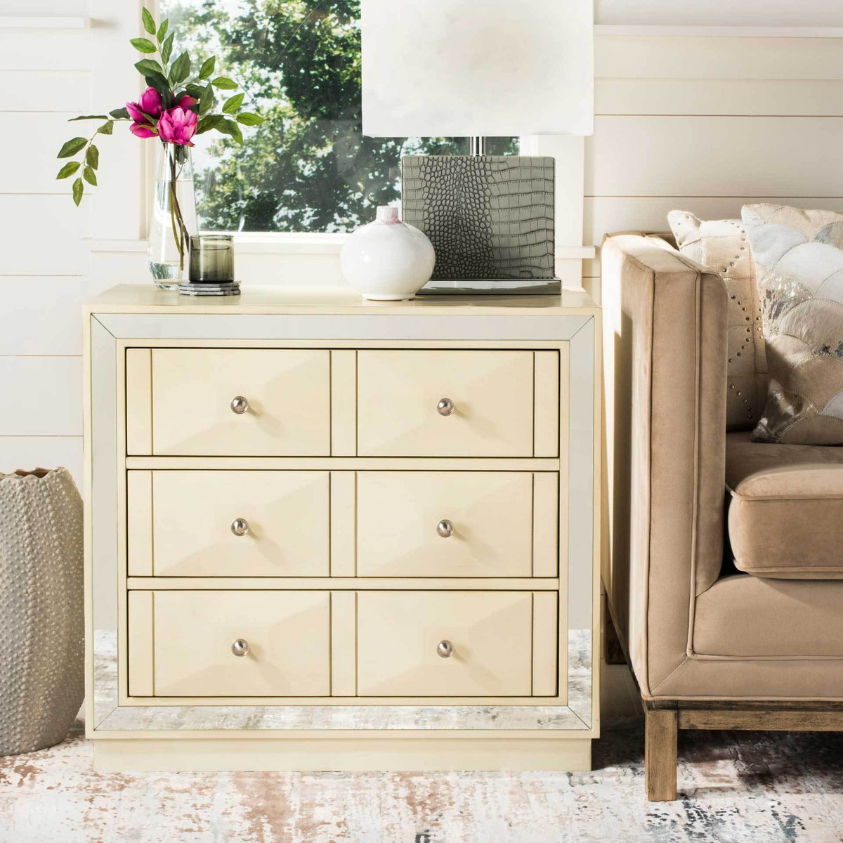 Slade 3 Drawer Chest Antique Beige/Nickel/Mirror