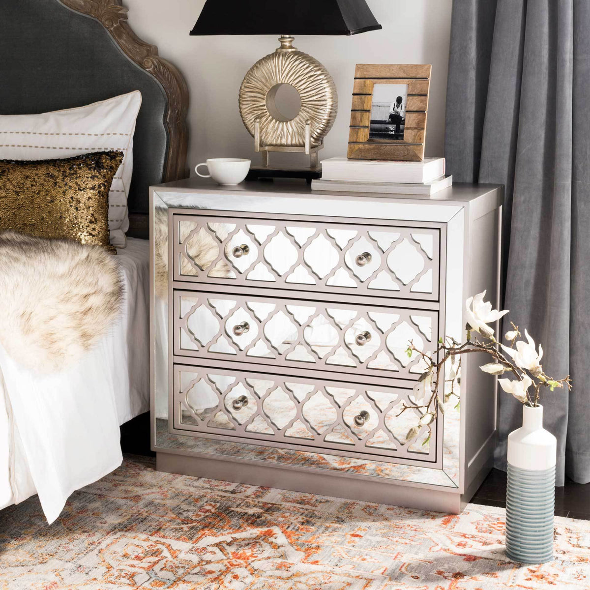 Amira 3 Drawer Chest Champagne/Nickel/Mirror