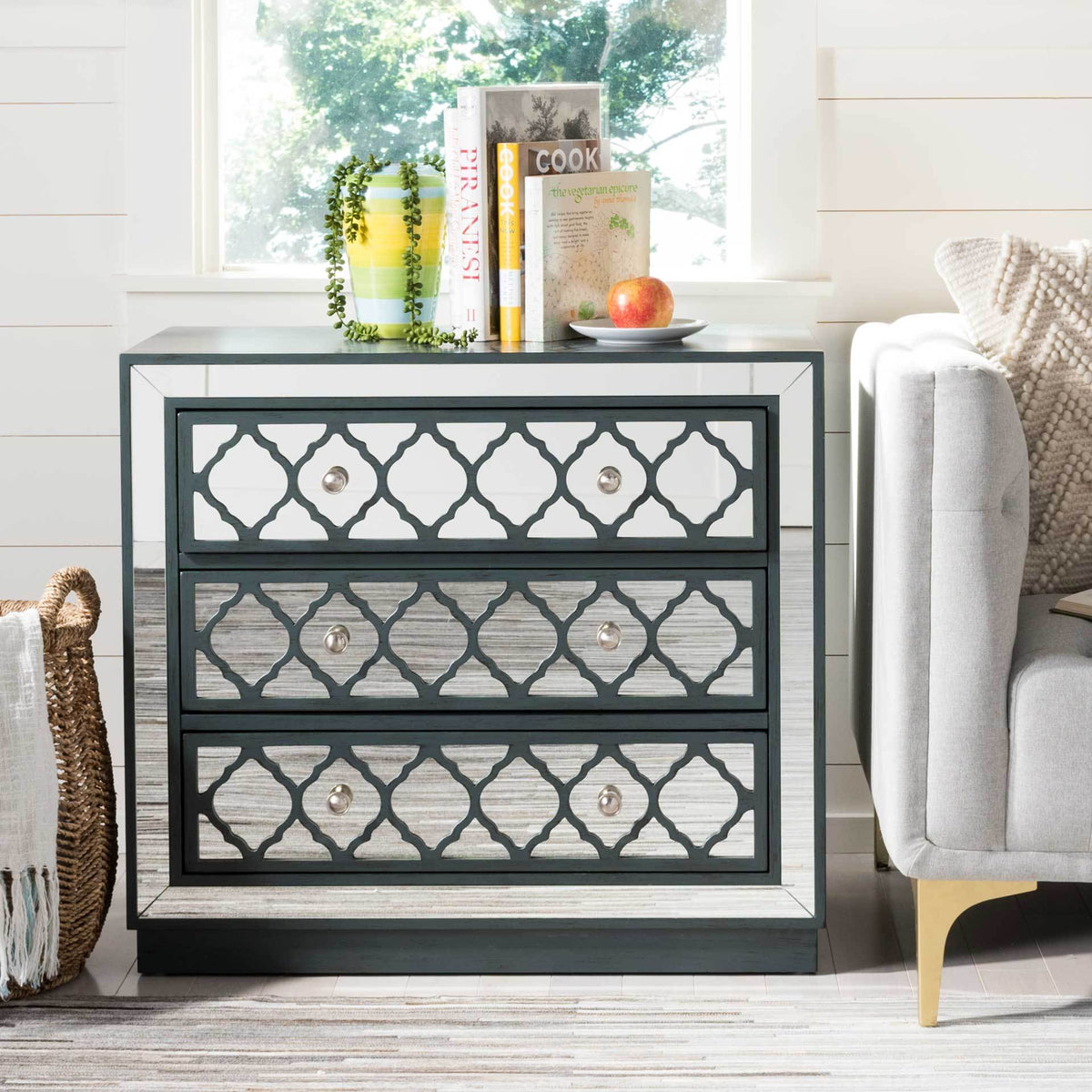 Amira 3 Drawer Chest Steel Teal/Nickel/Mirror
