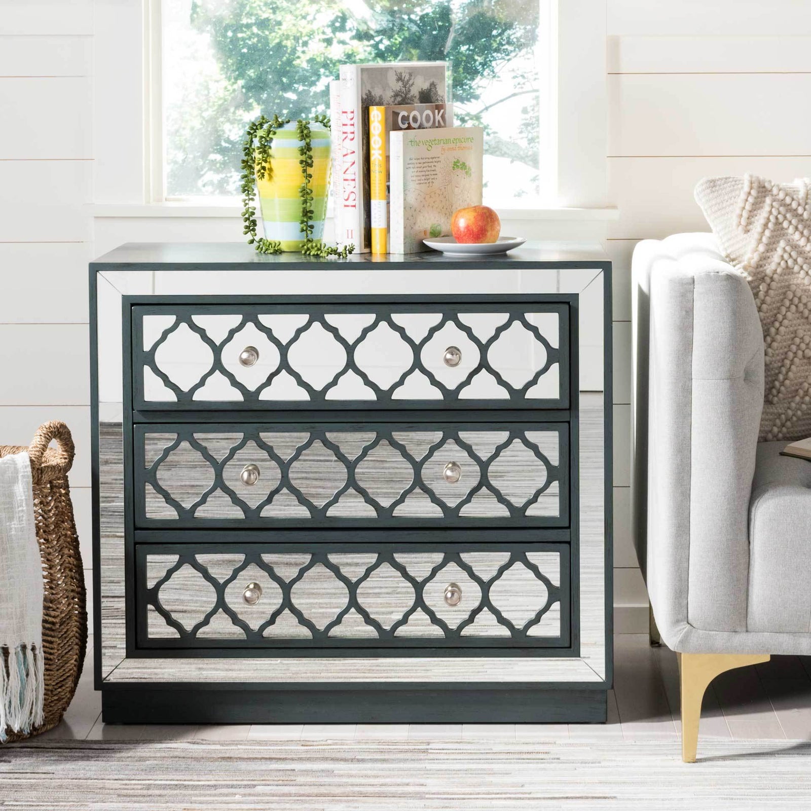 Amira 3 Drawer Chest Steel Teal/Nickel/Mirror