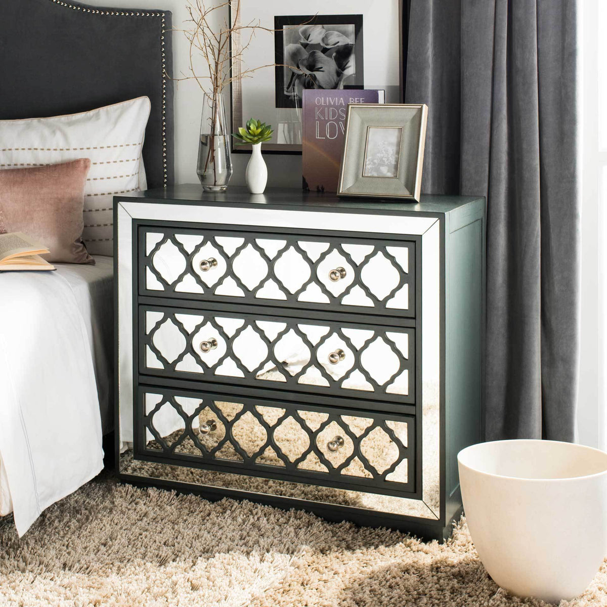 Amira 3 Drawer Chest Steel Teal/Nickel/Mirror