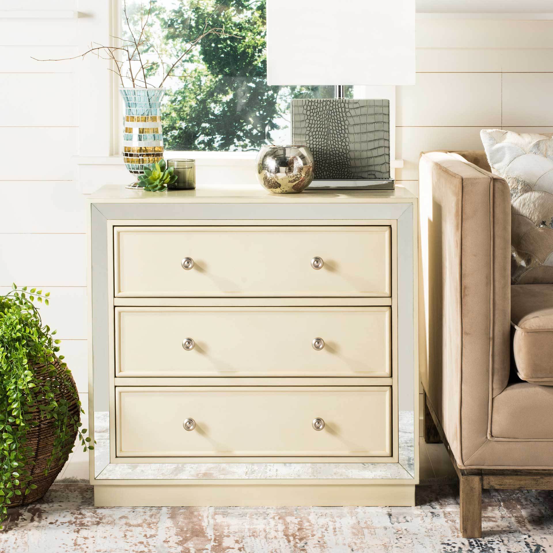 beige 3 drawer dresser Sid 3 Drawer Chest Antique Beige/Nickel/Mirror