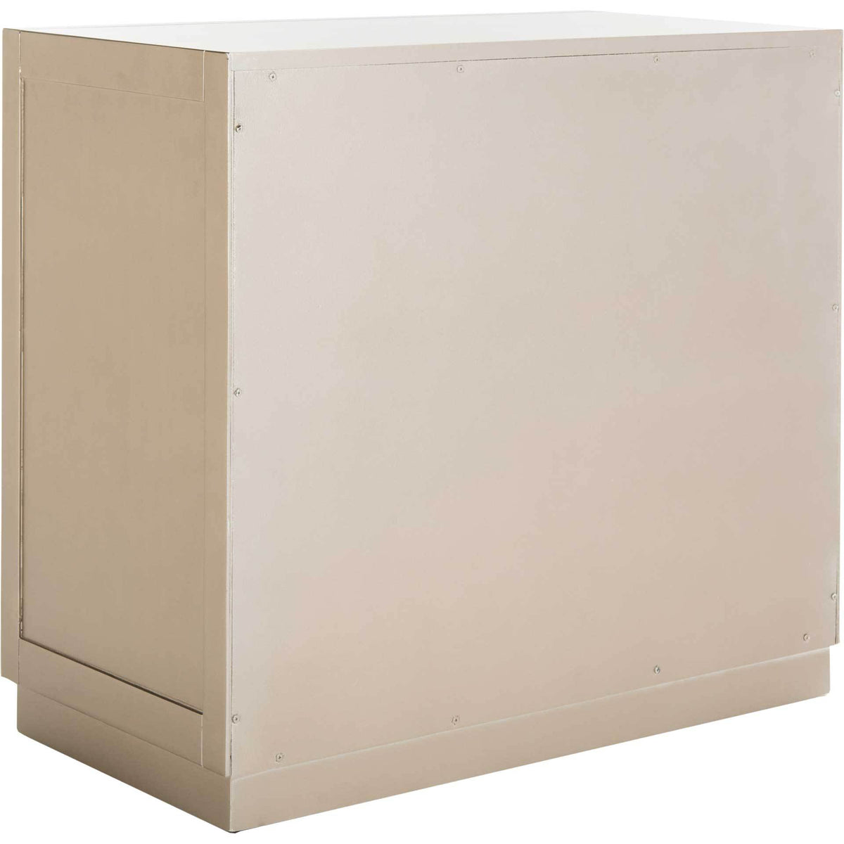 A recessed side panel meets the plain back and low base of a champagne-finished chest