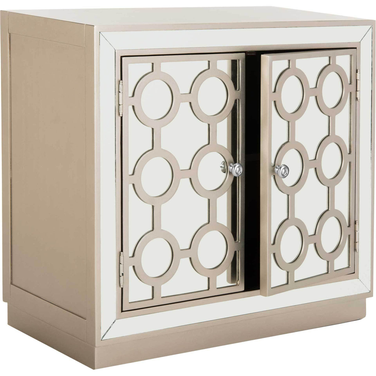 Mirrored lattice doors open slightly on a champagne chest with a smooth top