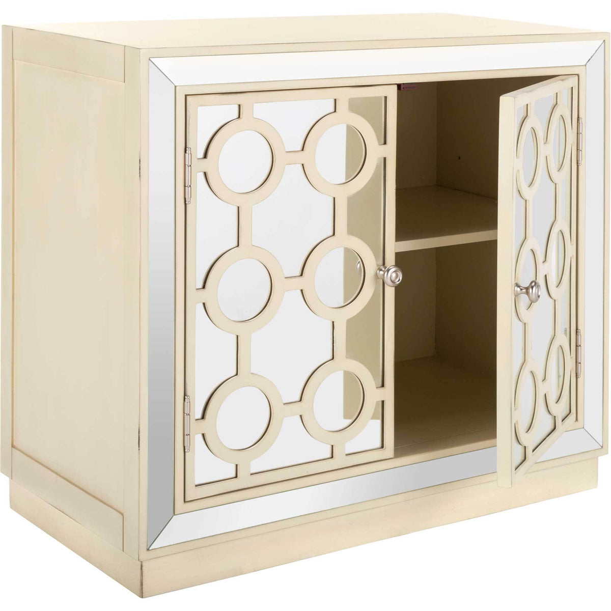 Geometric mirrored doors open to reveal shelf-divided storage in an antique beige chest