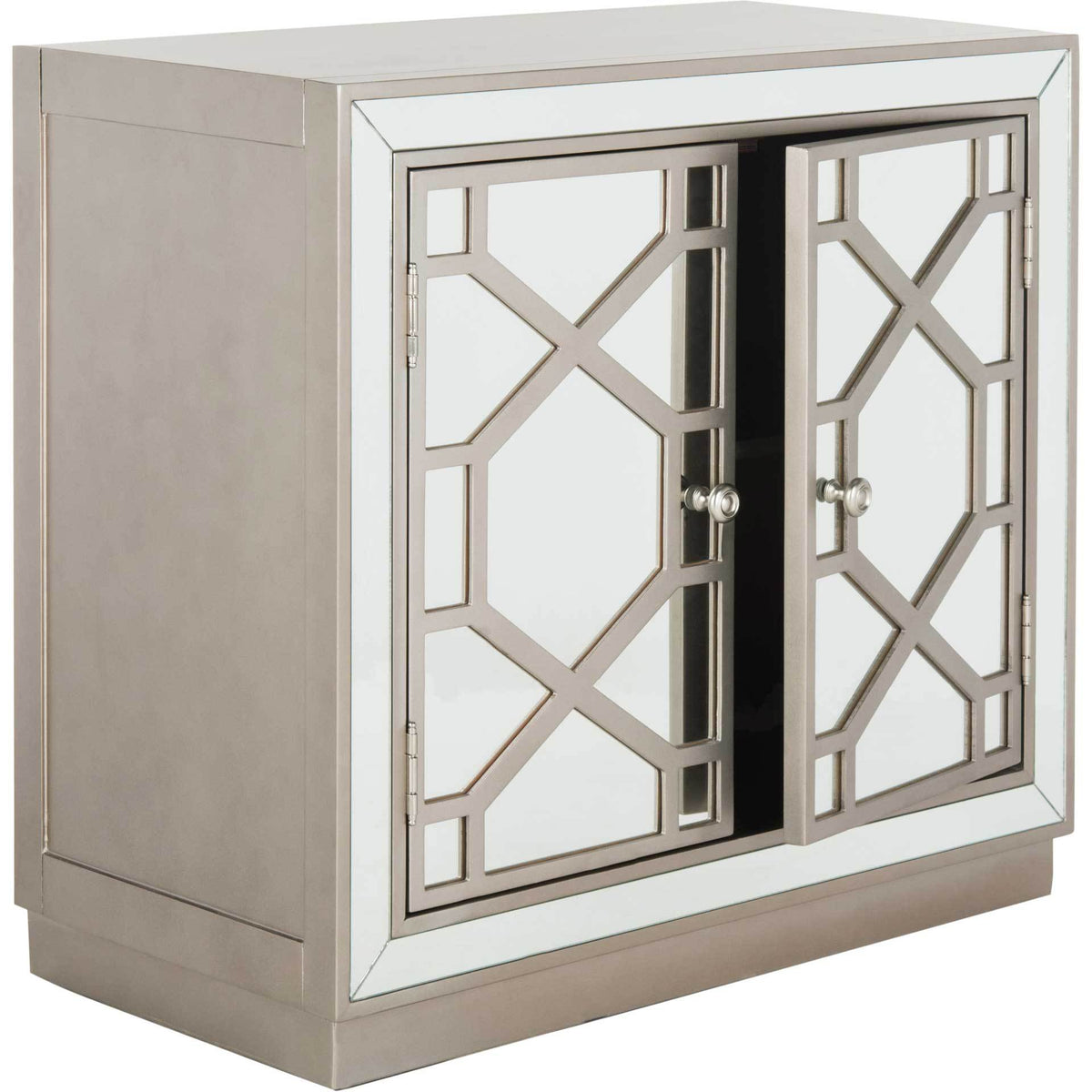 Two open mirrored lattice doors reveal storage inside a champagne-finished chest.