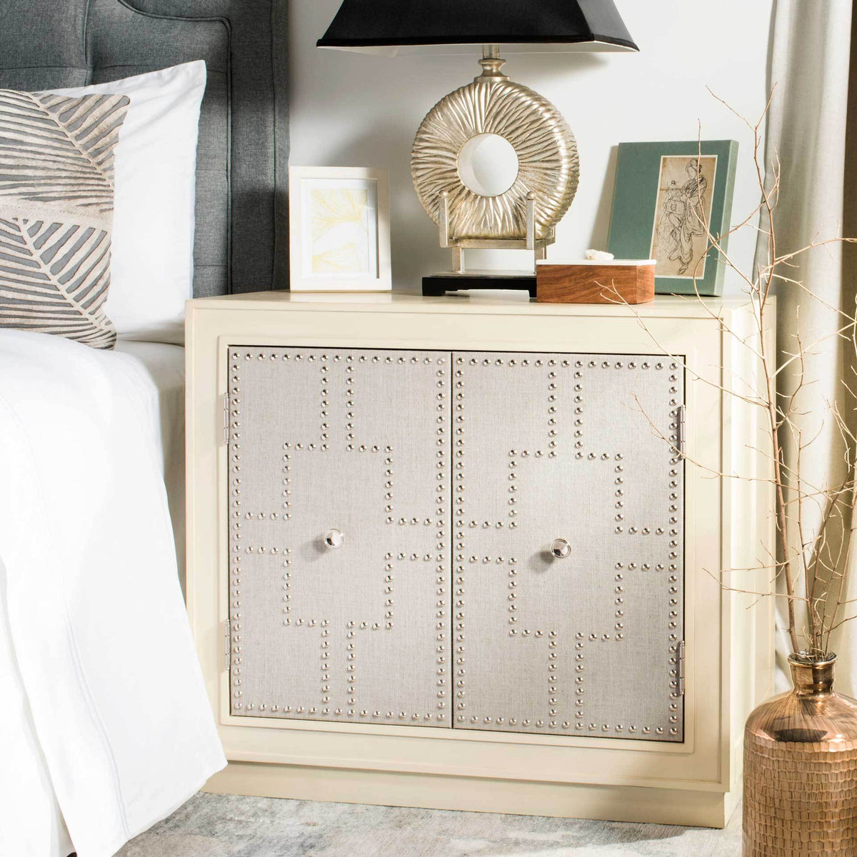 Azaria 2 Door Chest Antique Beige/Nickel/Mirror