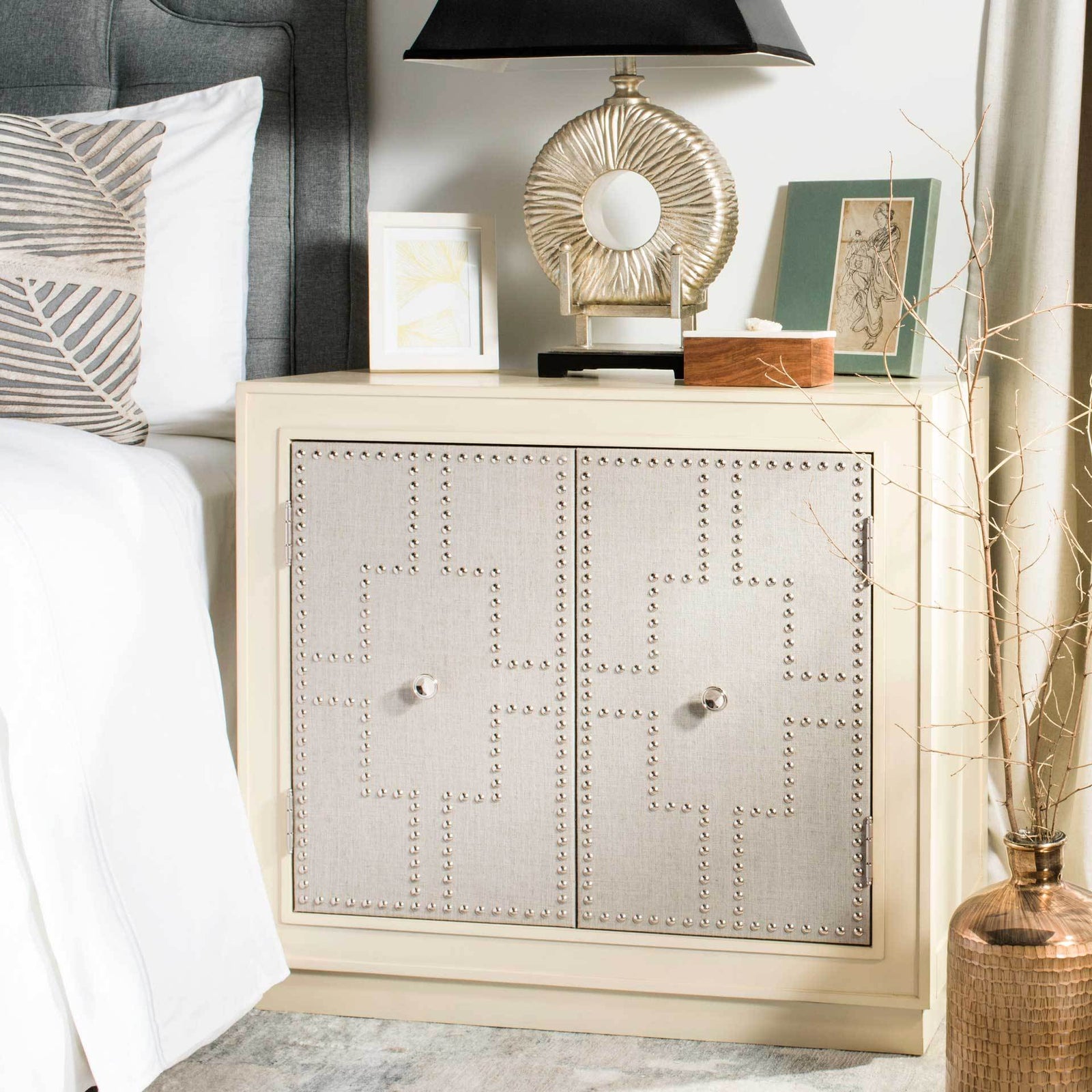 Azaria 2 Door Chest Antique Beige/Nickel/Mirror