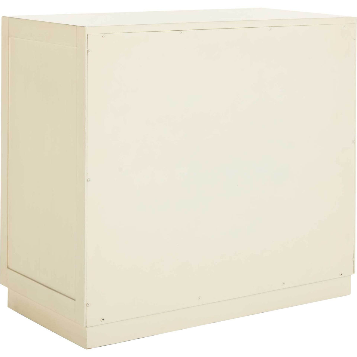 An antique beige finish unifies the recessed side panel, smooth back and low plinth base