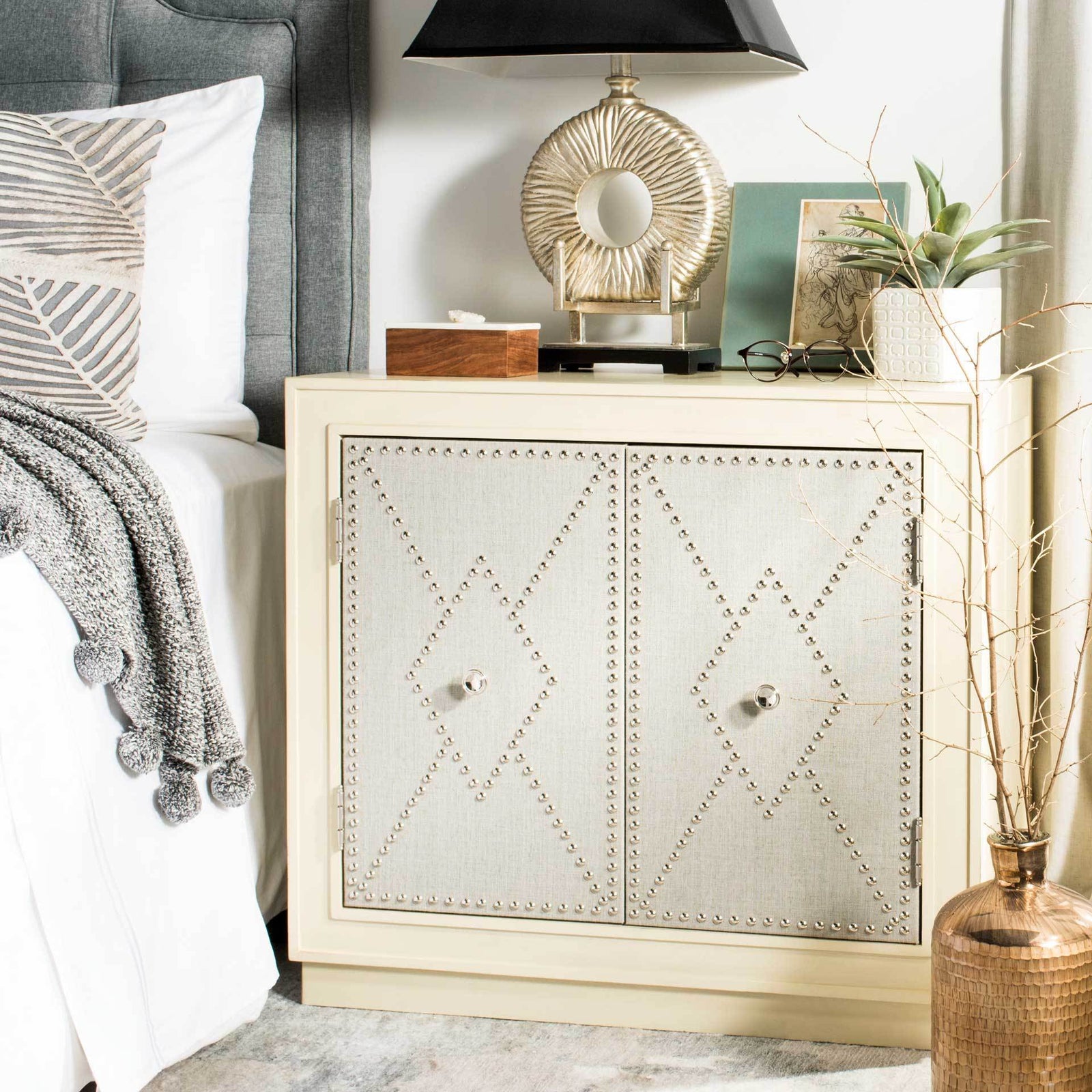 Erabella 2 Door Chest Light Gray Linen/Nickel/Mirror