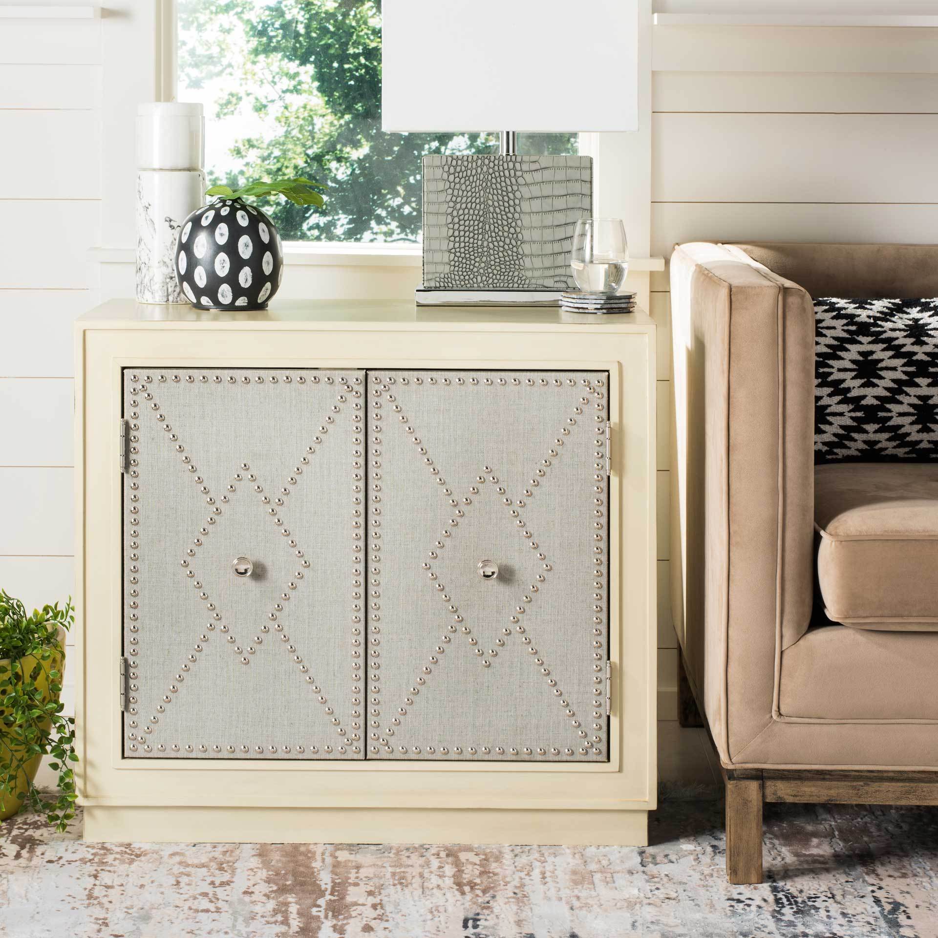Erabella 2 Door Chest Light Gray Linen/Nickel/Mirror