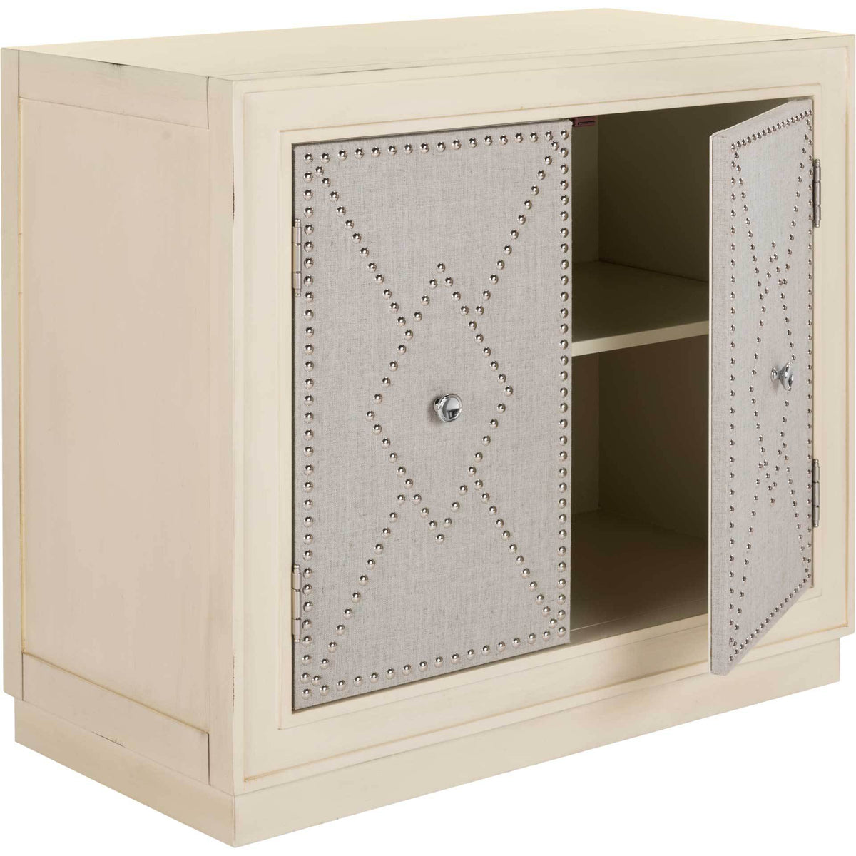 An open door reveals a central shelf and roomy storage behind the studded linen facade