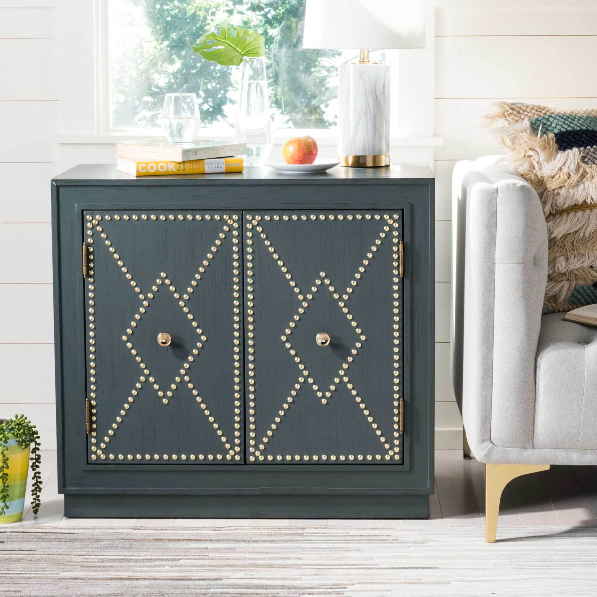 Erabella 2 Door Chest Steel Teal Linen/Gold/Mirror