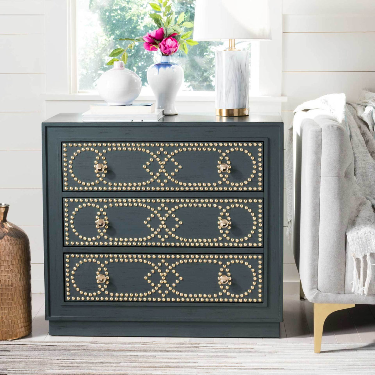 Aubrey 3 Drawer Chest Steel Teal/Gold