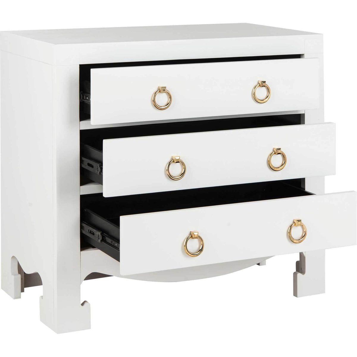 Three open white drawers reveal dark storage and gold ring pulls above a curved apron