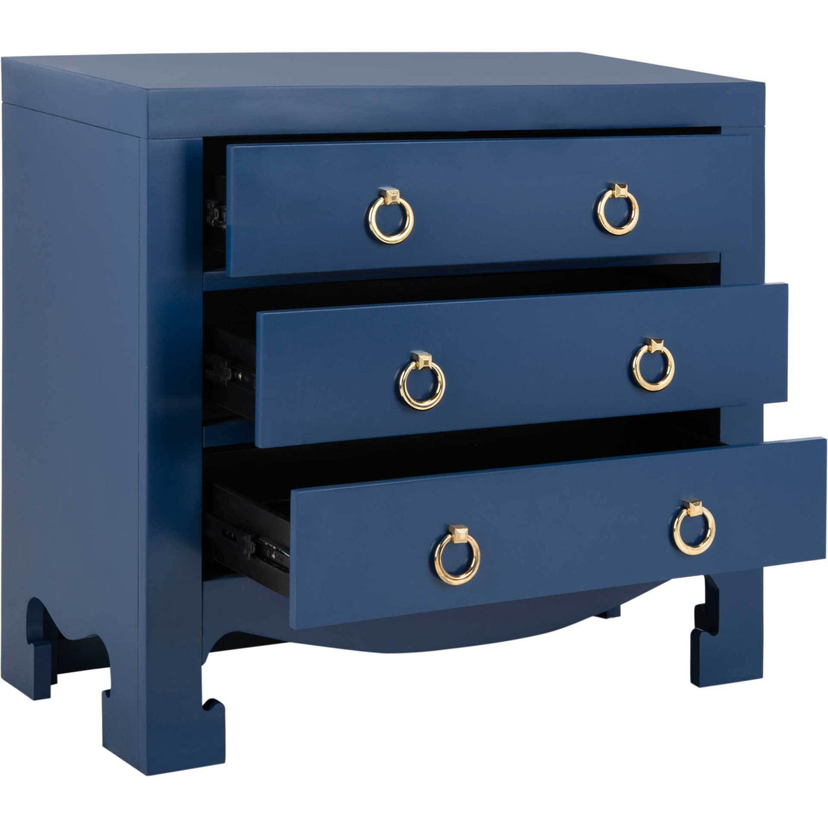 Three open blue drawers reveal dark interiors and gleaming gold ring pulls