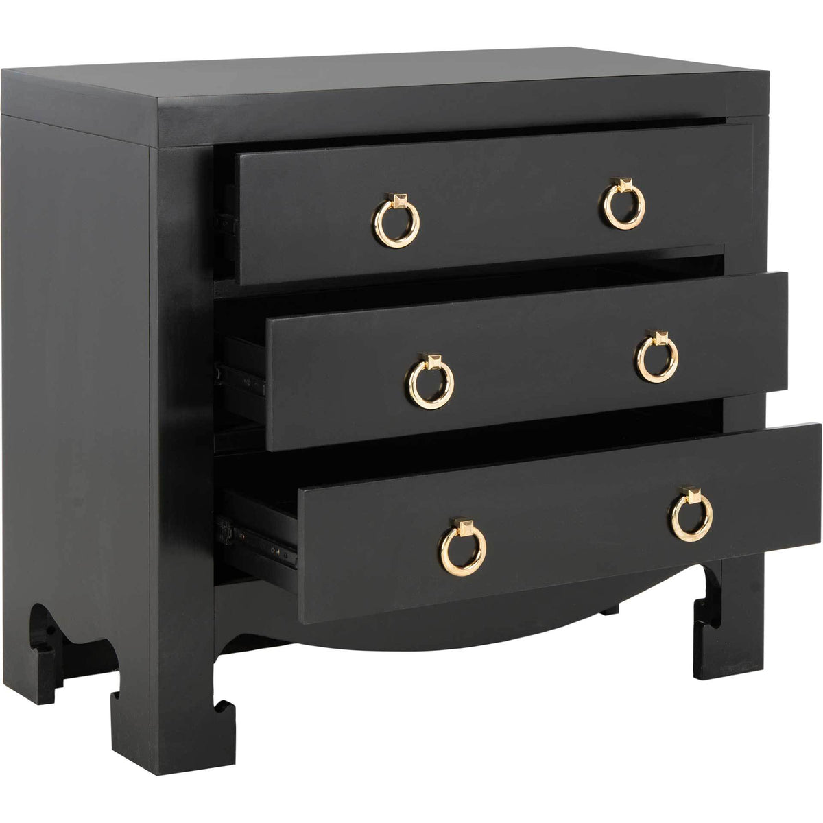 Three open black drawers reveal dark interiors beneath a sleek top
