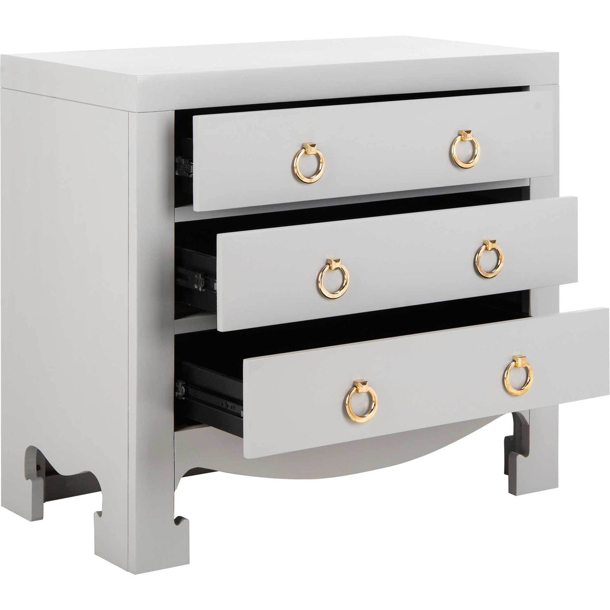 Open gray drawers pair gold ring pulls with dark interiors and a sculpted base