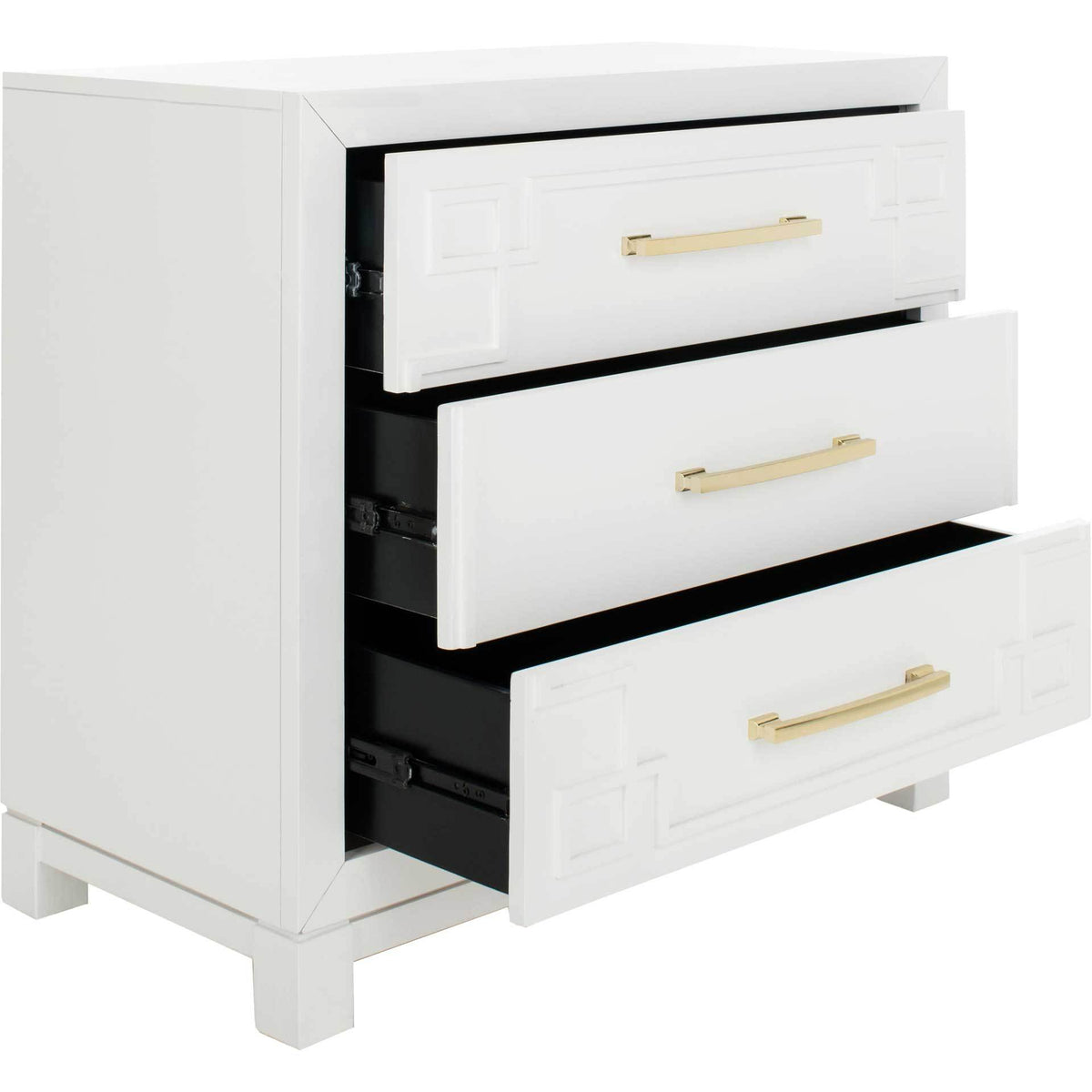 Three white drawers open from a clean-lined chest with geometric trim and gold pulls